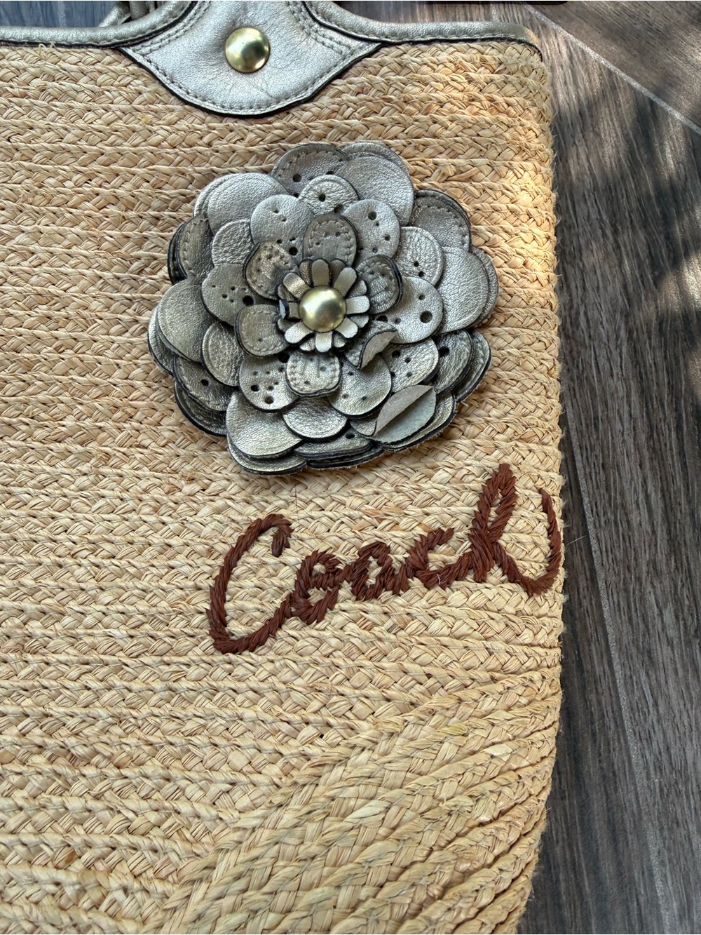Coach Straw Tote with Metallic Leather Trim and Floral Accent - Picture 2 of 9